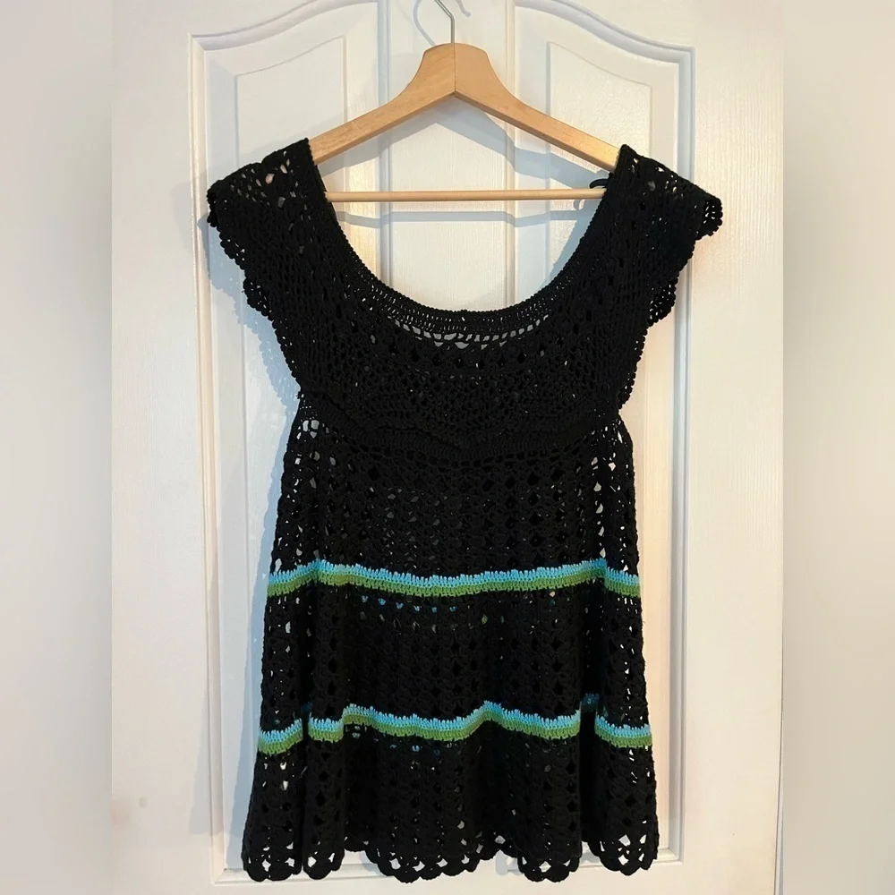 Free People | Crochet Knit‎ Top Small Black Bohemian Cap Sleeve Linen Cotton